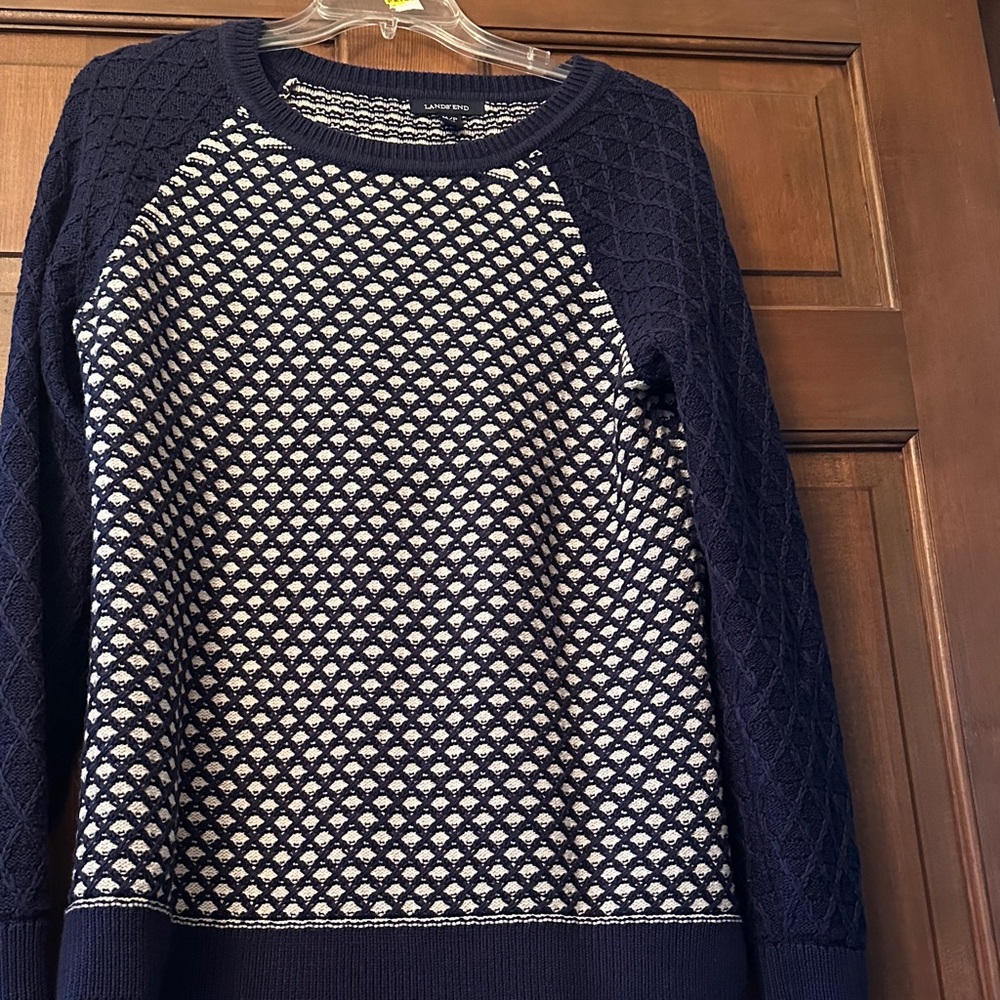 Lands' End Navy and Cream Women's Sweater